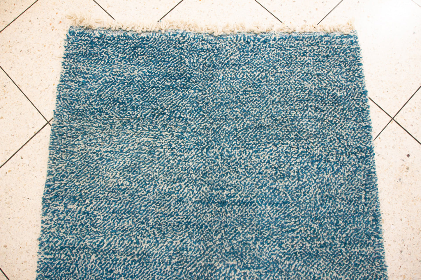 Boujaad Pile Rug — Azure Mélange Field, Minimalist Plainweave Edge