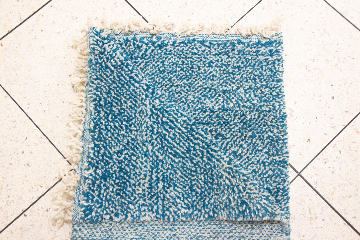 Boujaad Pile Rug — Azure Mélange Field, Minimalist Plainweave Edge