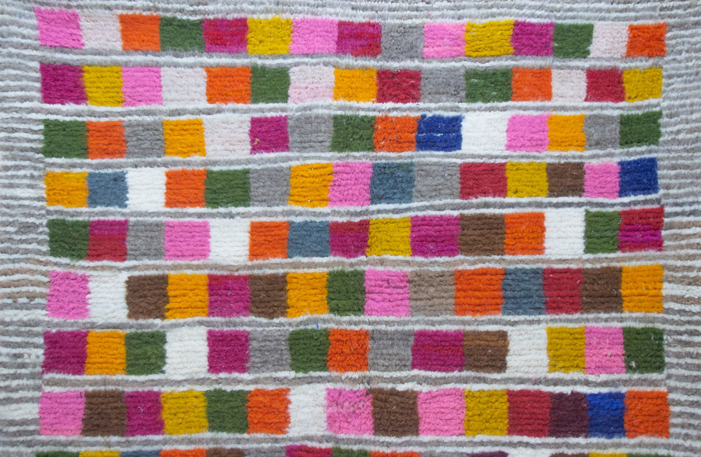 Boujaad Pile Rug — Multicolor Checker Panels on Ivory with Ribbed Guards
