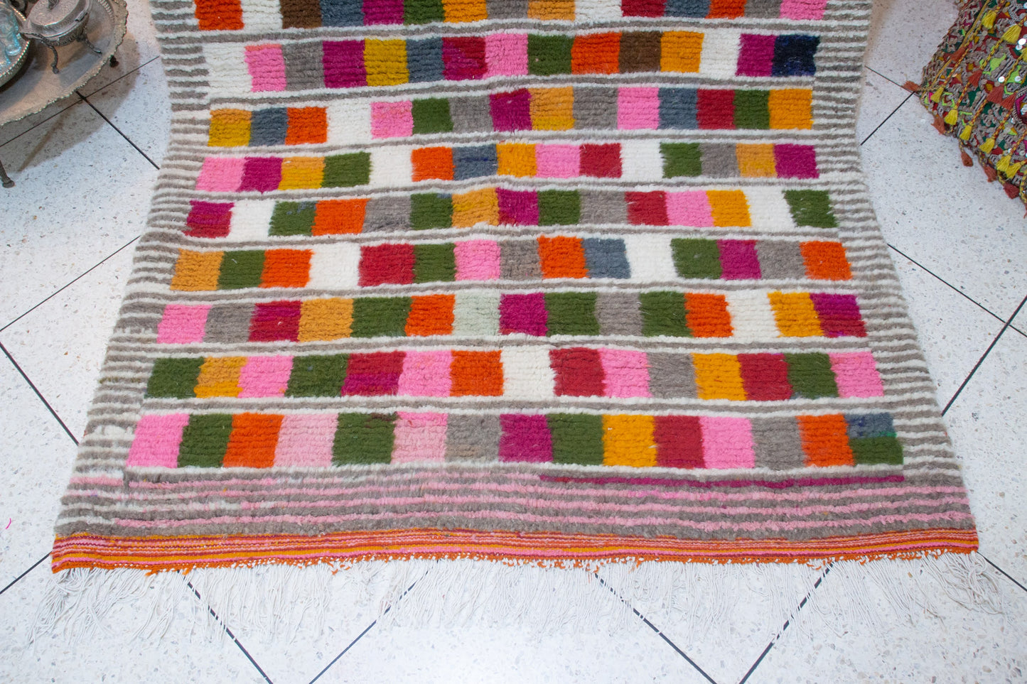 Boujaad Pile Rug — Multicolor Checker Panels on Ivory with Ribbed Guards