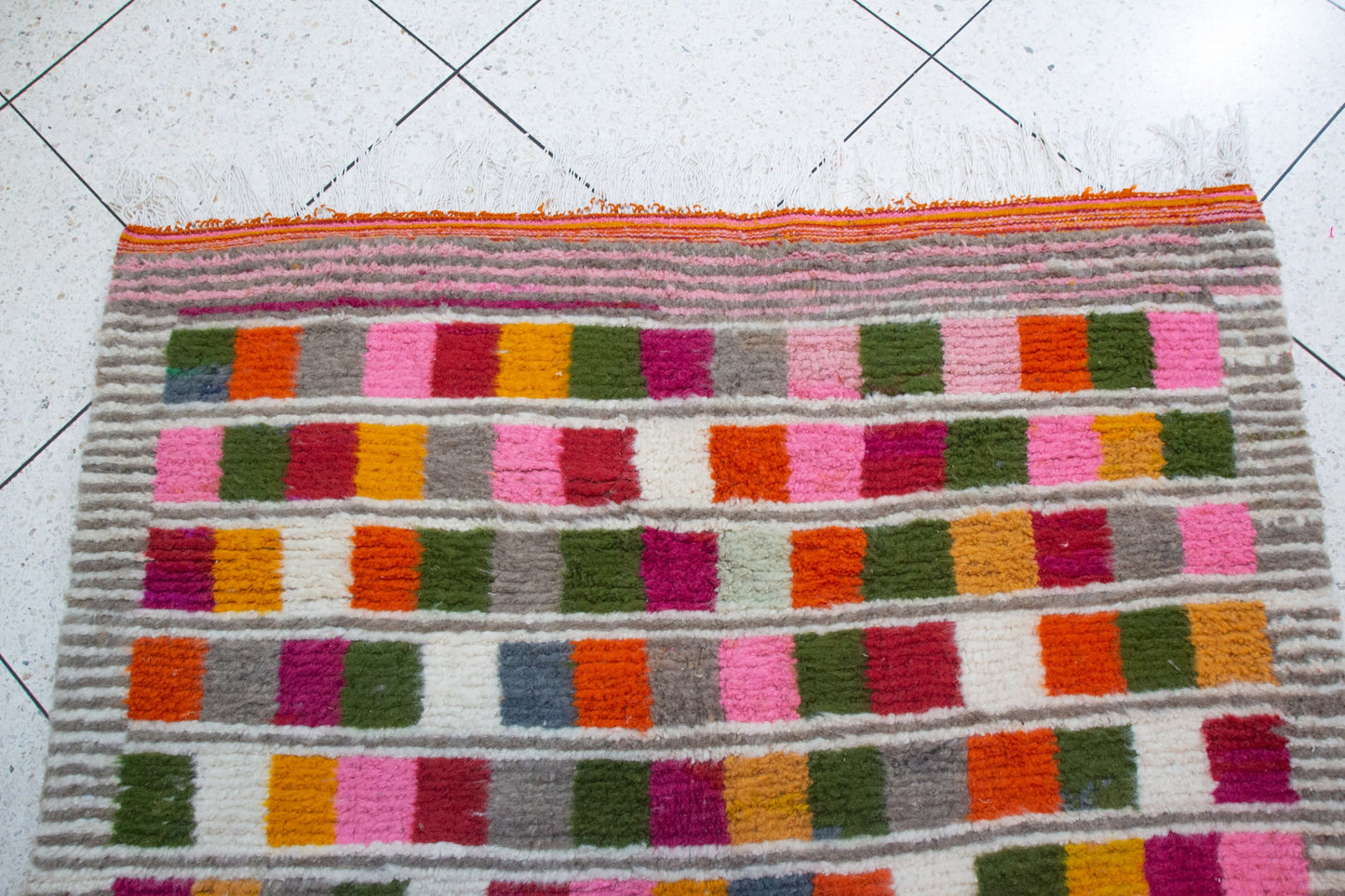 Boujaad Pile Rug — Multicolor Checker Panels on Ivory with Ribbed Guards