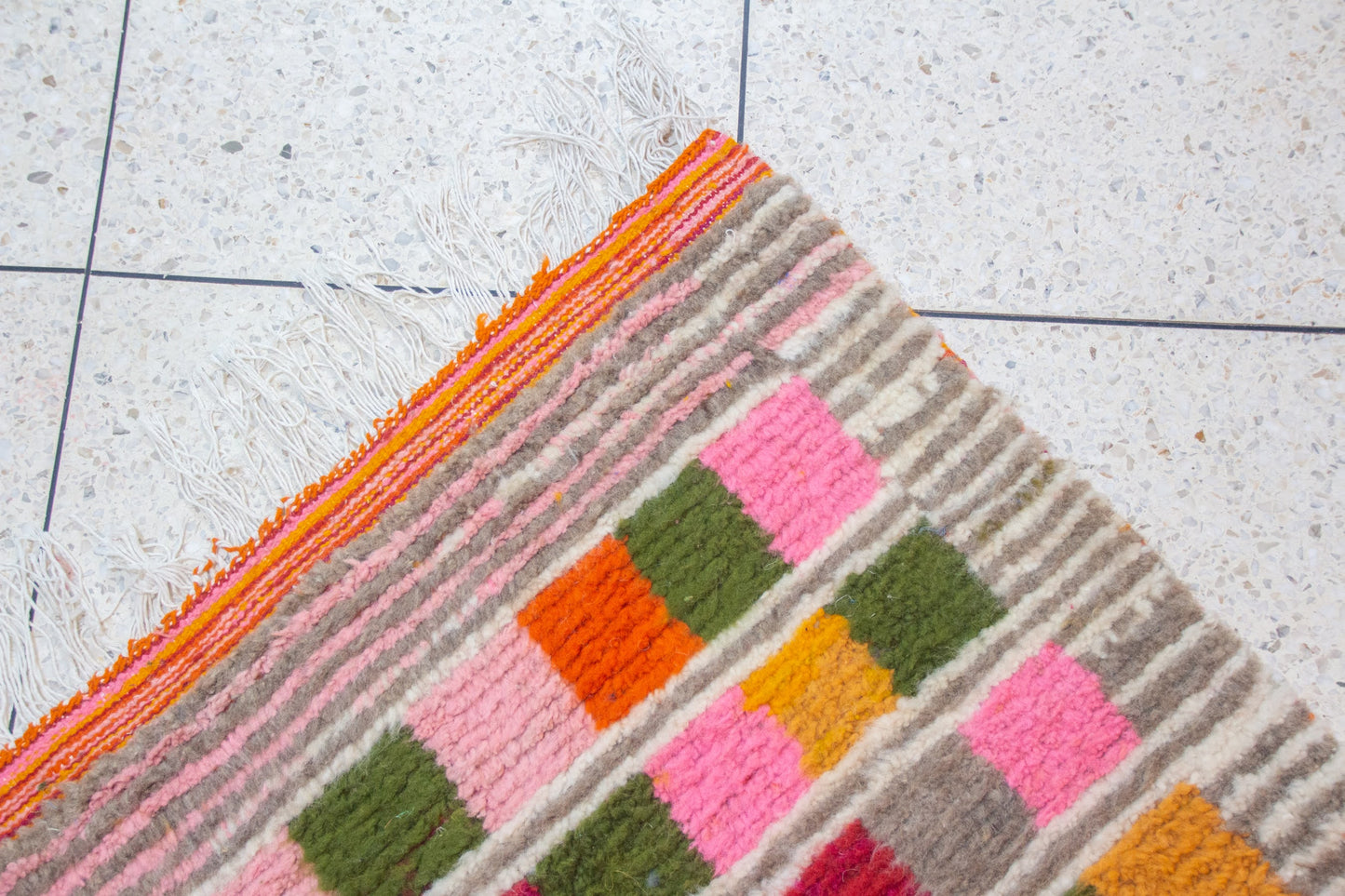 Boujaad Pile Rug — Multicolor Checker Panels on Ivory with Ribbed Guards