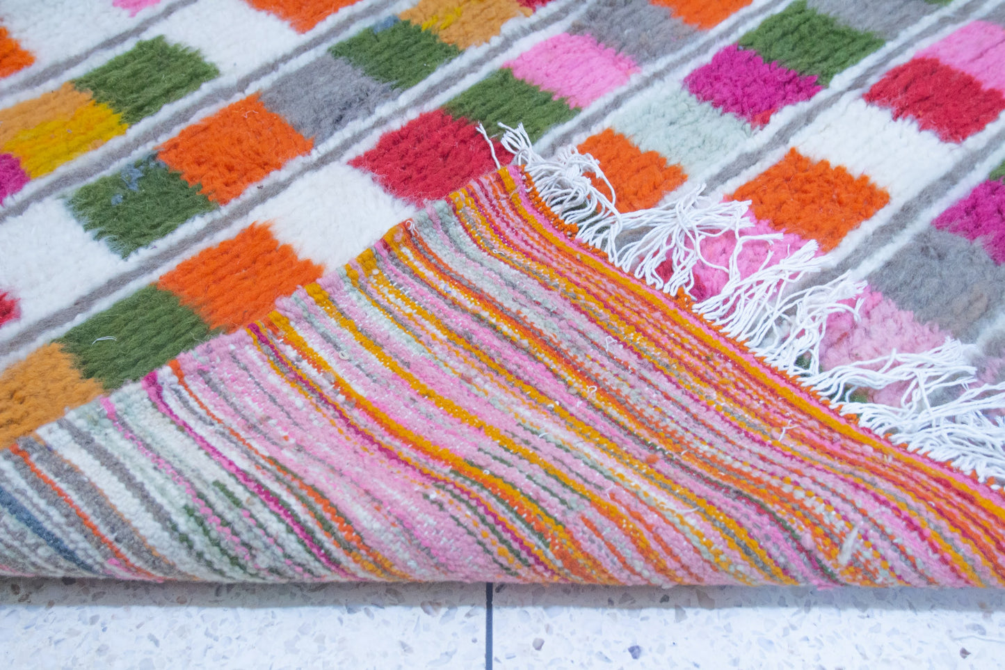 Boujaad Pile Rug — Multicolor Checker Panels on Ivory with Ribbed Guards