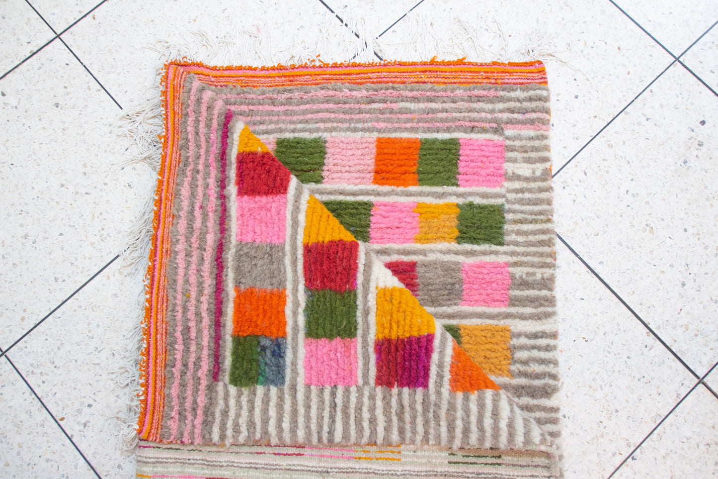 Boujaad Pile Rug — Multicolor Checker Panels on Ivory with Ribbed Guards