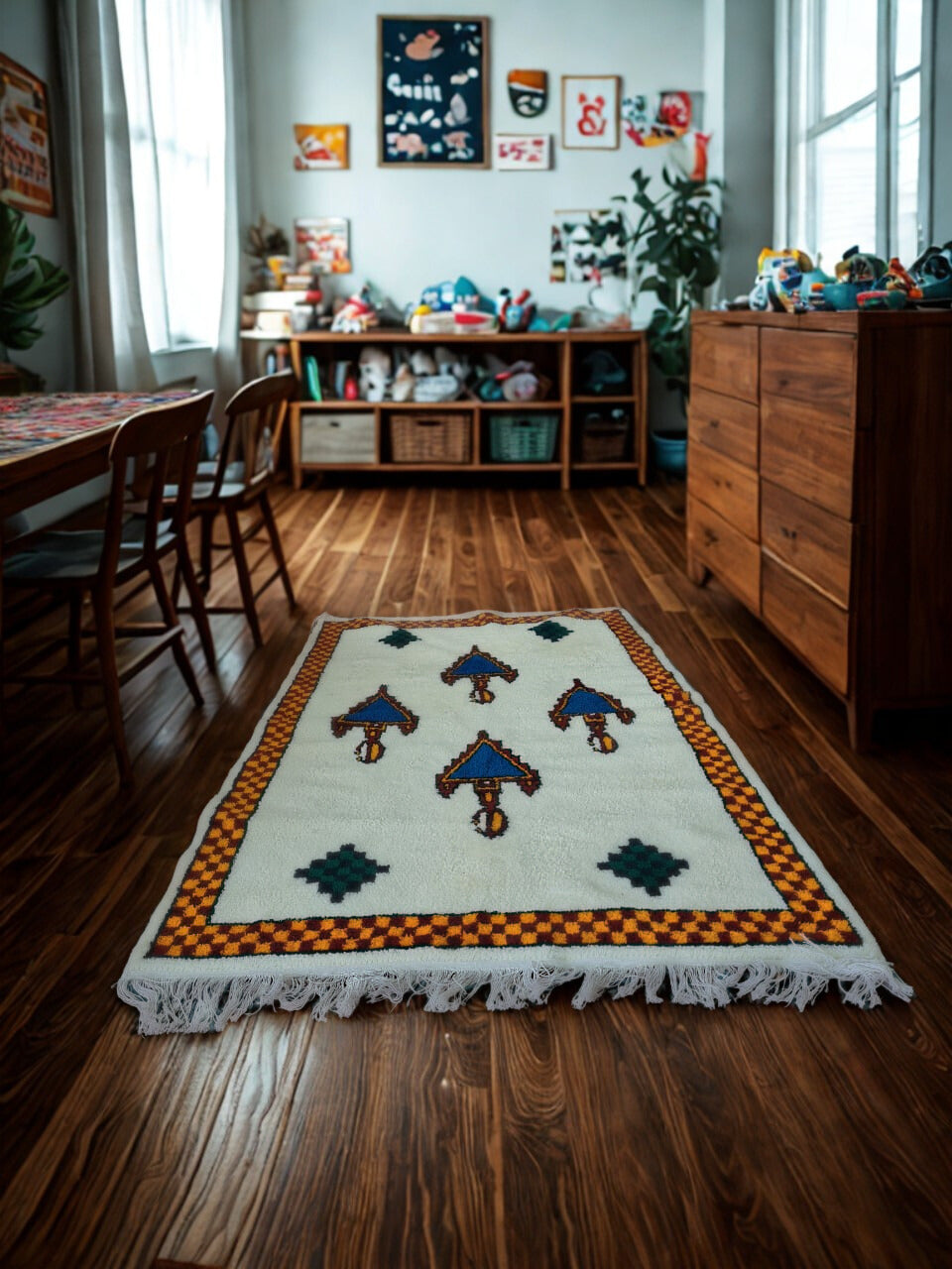 Decorative rug with geometric pattern on a wooden floor in a room with furniture and decor.