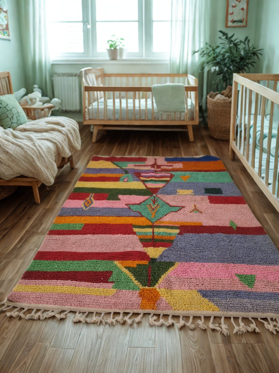 Colorful geometric-patterned rug in a nursery with wooden cribs and decor.