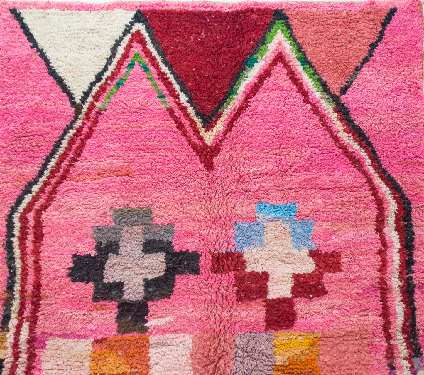 Boujaad Pile Rug — Rose Sanctuary Field with Twin Cross Rosettes