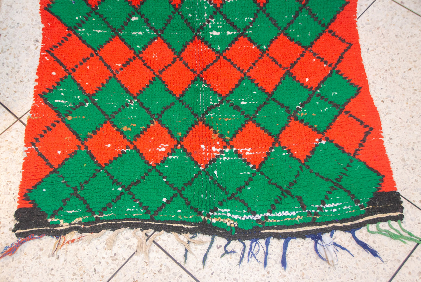 Boucherouite Argyle Lattice — Red & Emerald Reclaimed-Textile Rug