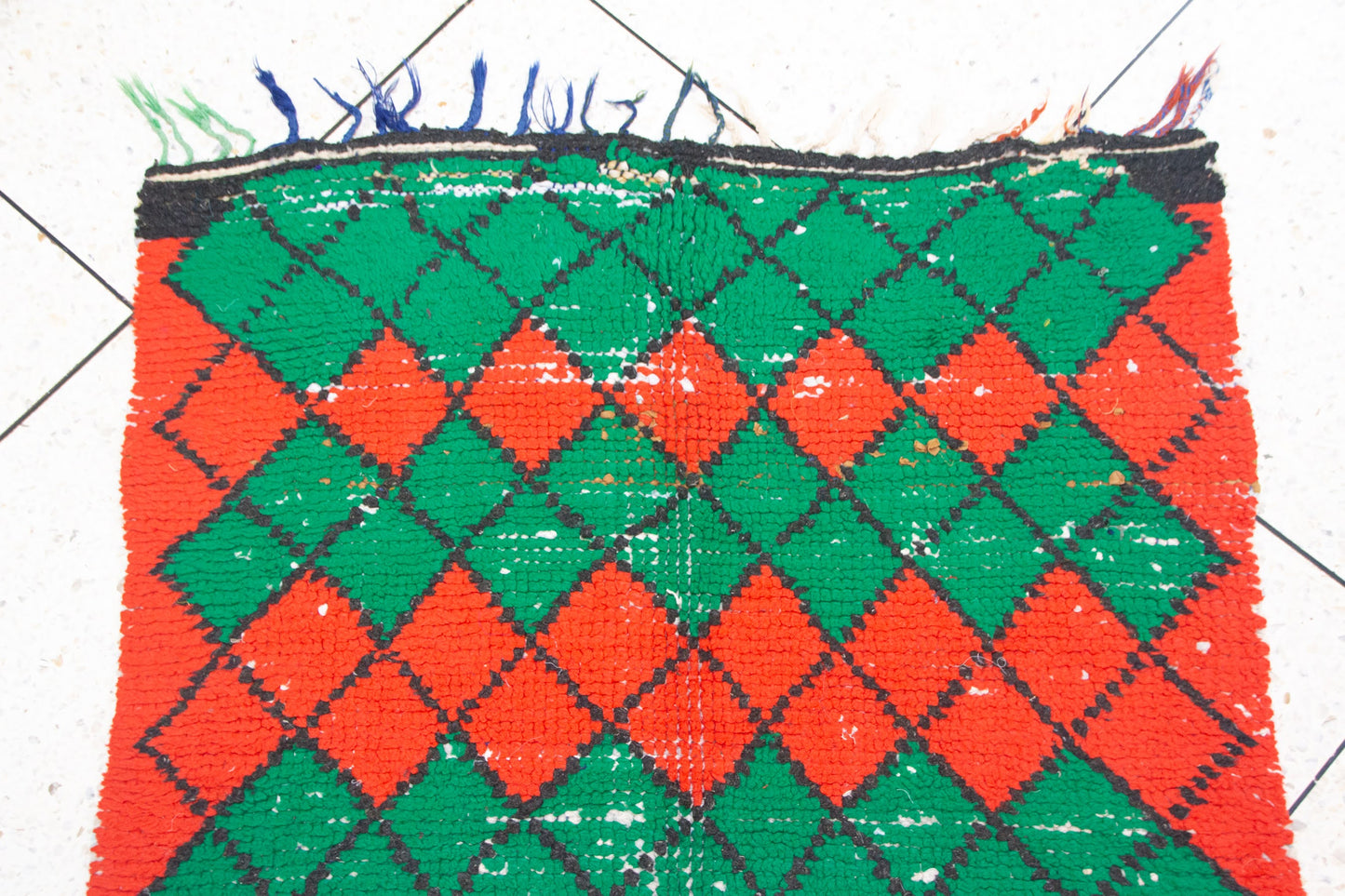 Boucherouite Argyle Lattice — Red & Emerald Reclaimed-Textile Rug