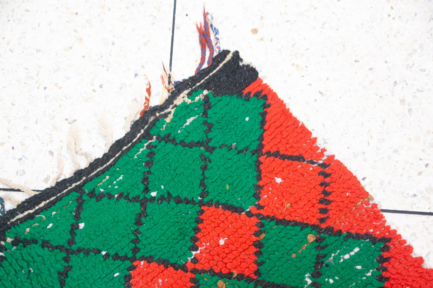 Boucherouite Argyle Lattice — Red & Emerald Reclaimed-Textile Rug
