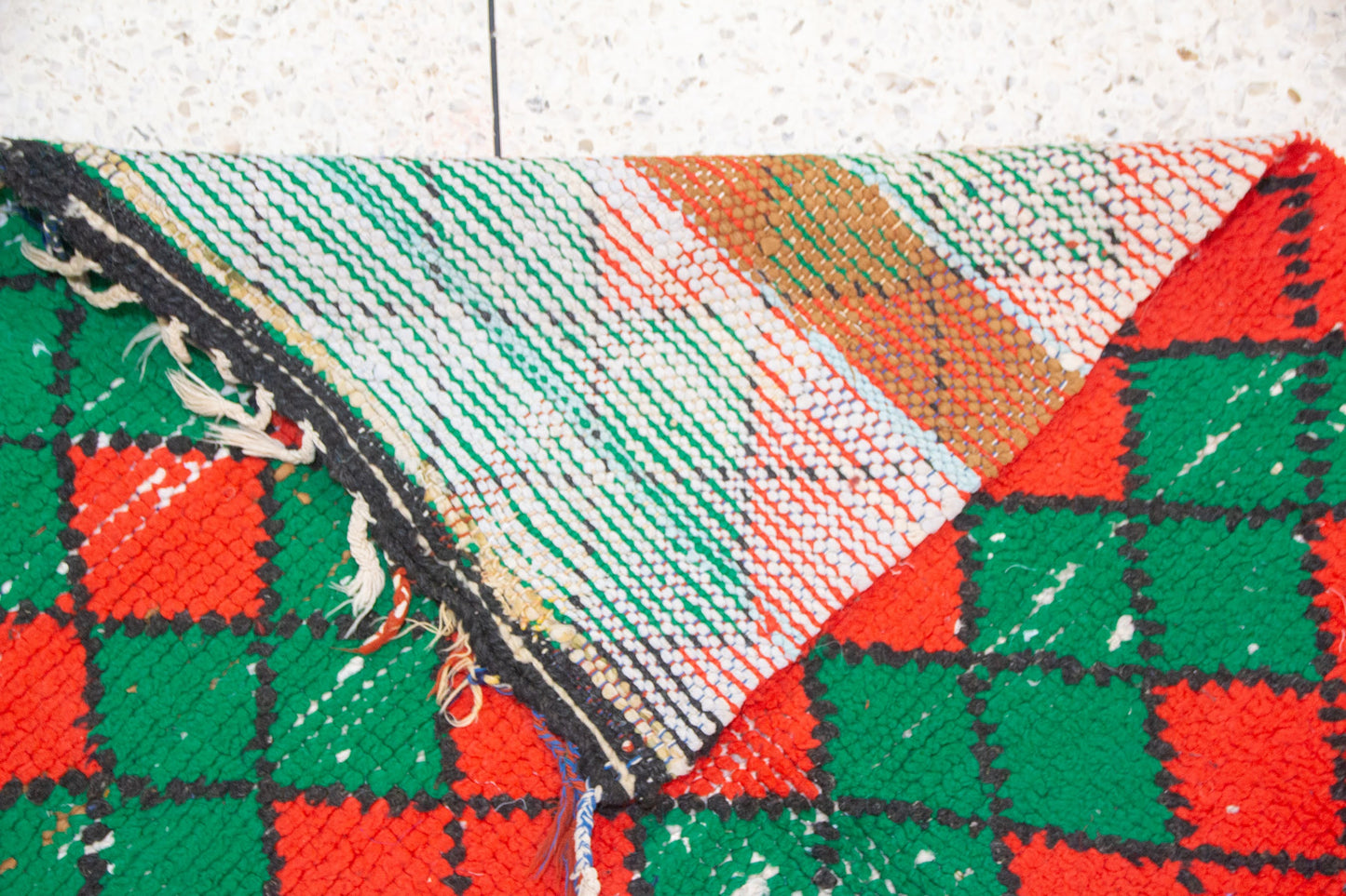 Boucherouite Argyle Lattice — Red & Emerald Reclaimed-Textile Rug