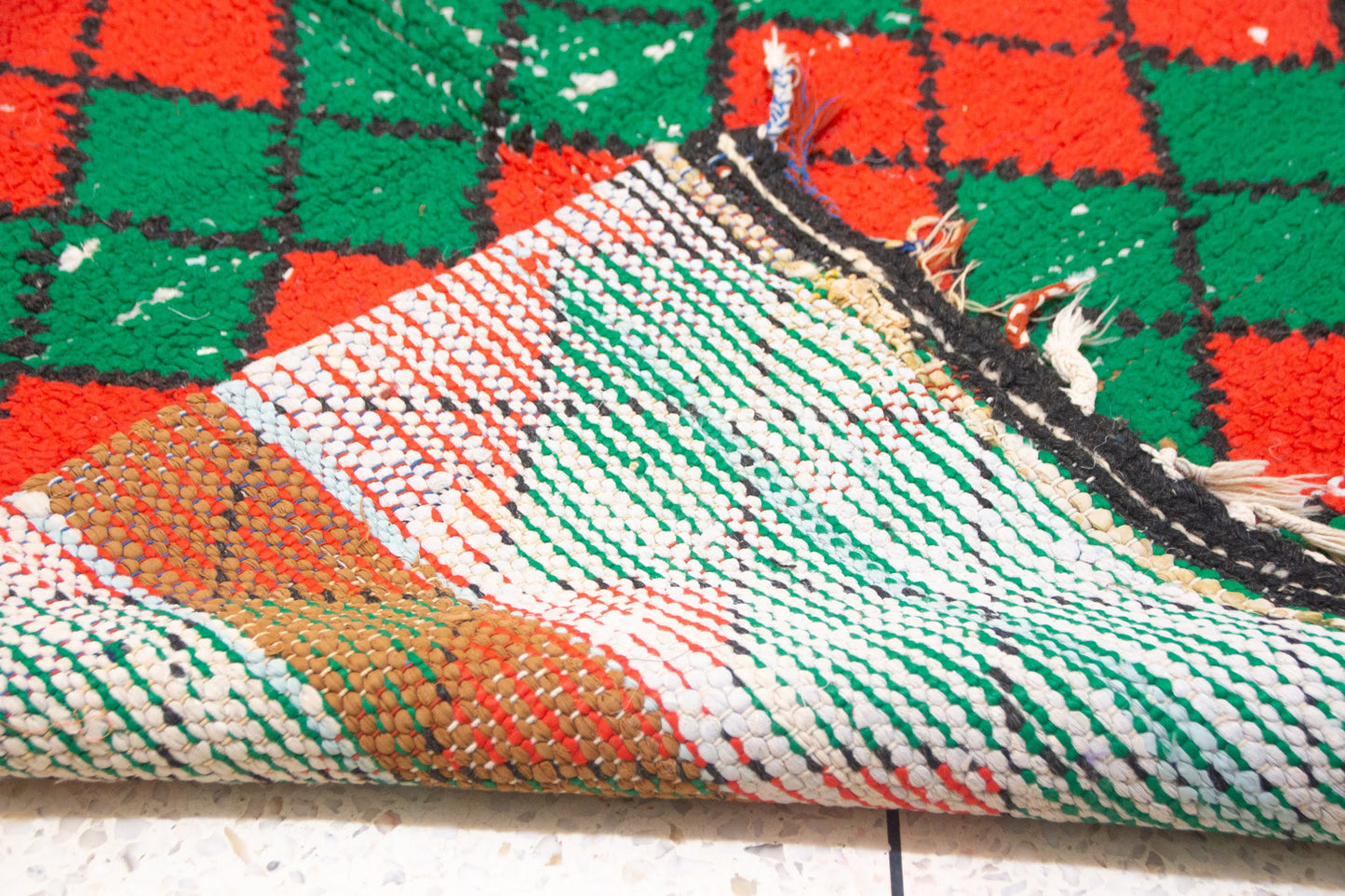 Boucherouite Argyle Lattice — Red & Emerald Reclaimed-Textile Rug