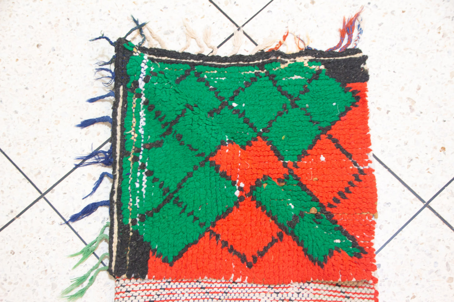 Boucherouite Argyle Lattice — Red & Emerald Reclaimed-Textile Rug