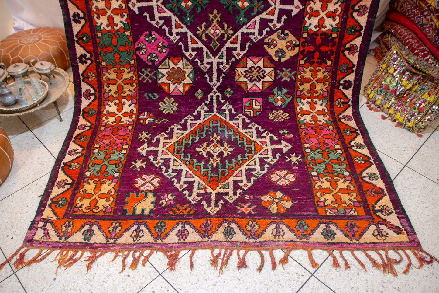Boujaad Plum-Field with Star Medallions — Nested Lozenges & Floral Guard Borders