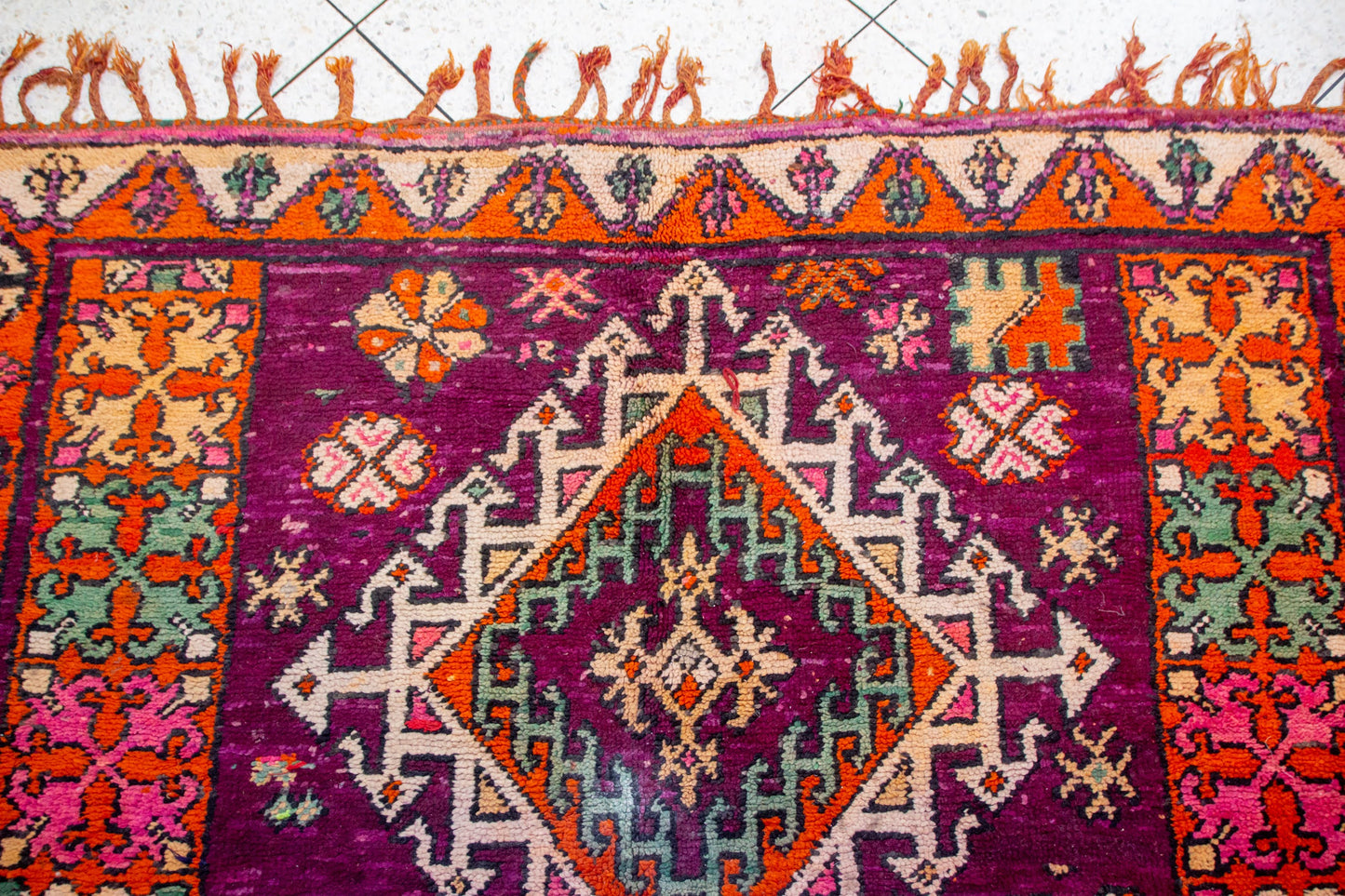 Boujaad Plum-Field with Star Medallions — Nested Lozenges & Floral Guard Borders