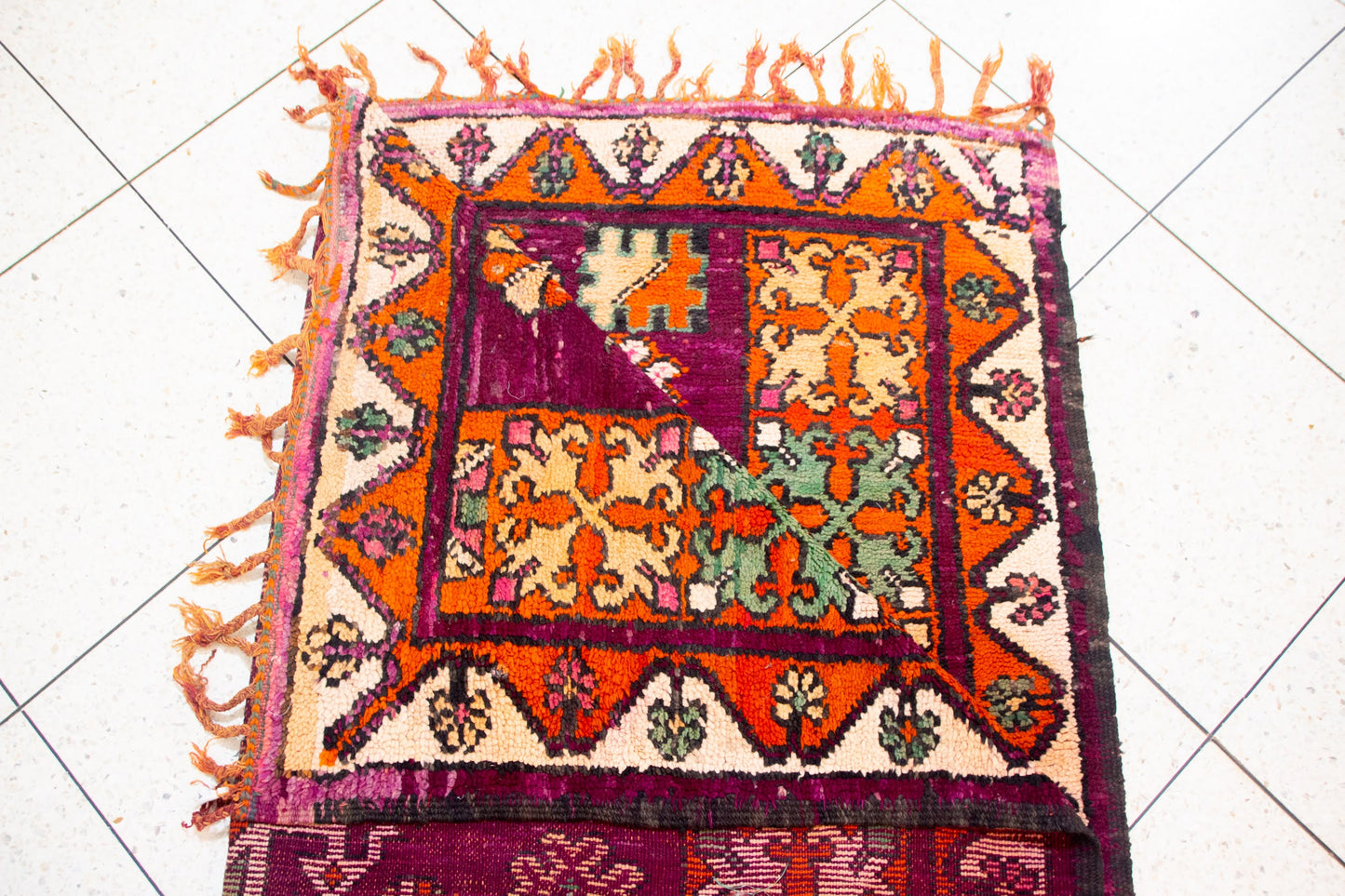 Boujaad Plum-Field with Star Medallions — Nested Lozenges & Floral Guard Borders