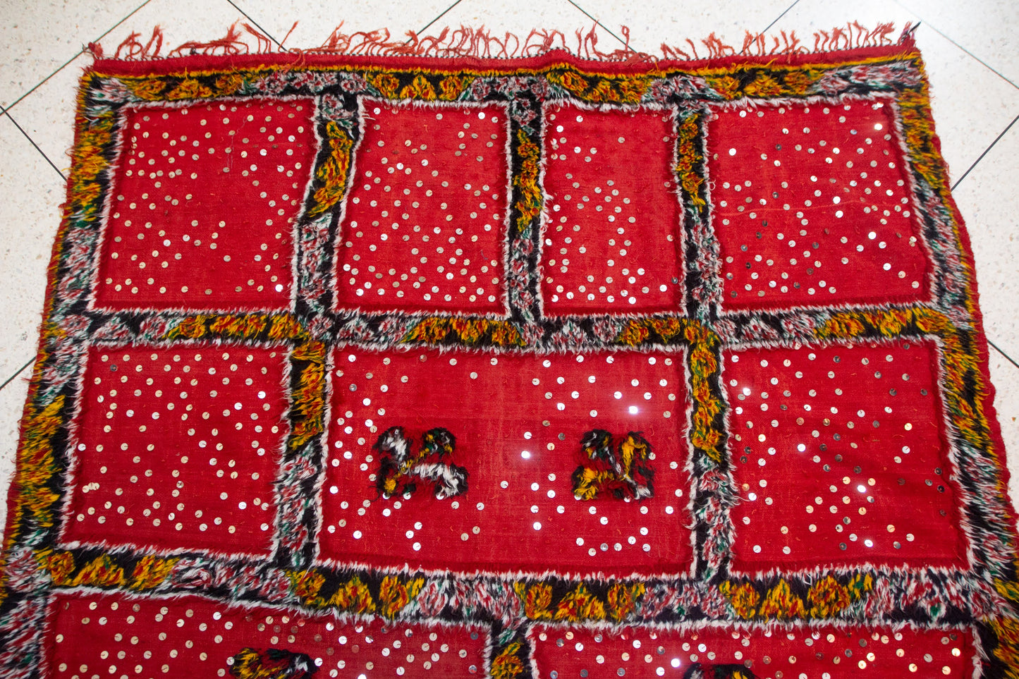 Aït Zayane Sequined Panel Garden — Red Field with Jewel Borders