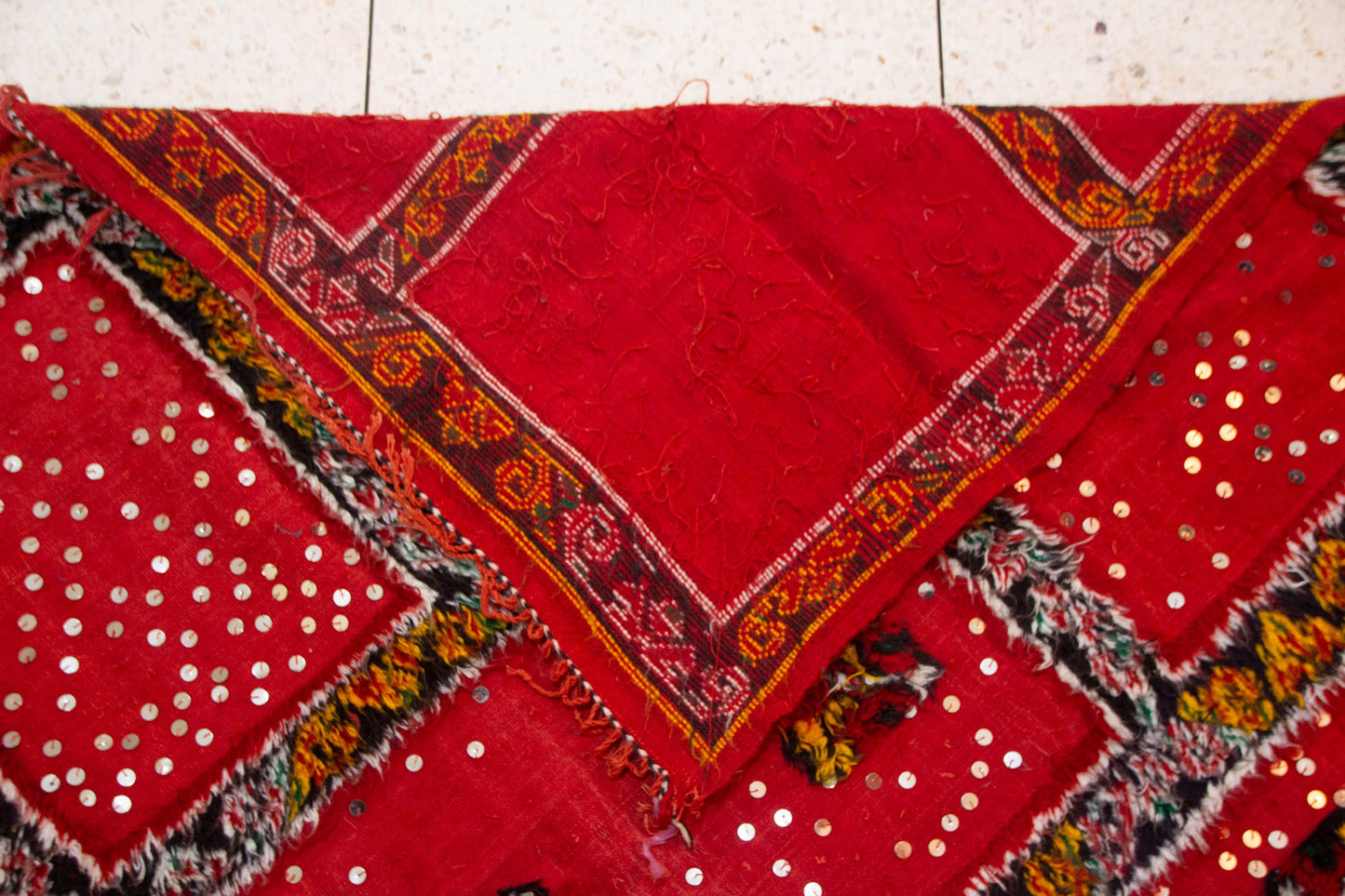 Aït Zayane Sequined Panel Garden — Red Field with Jewel Borders