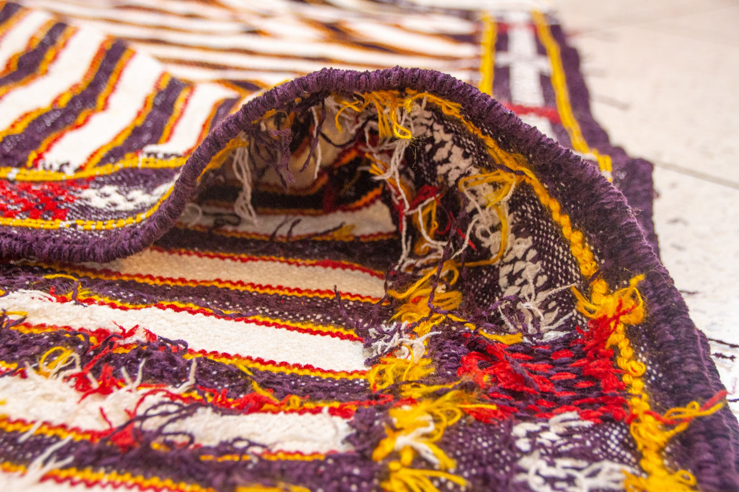 Boujaad Kilim Stripe with Talisman Spine — Ivory & Cocoa Suede Flatweave