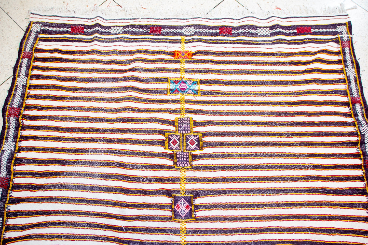 Boujaad Kilim Stripe with Talisman Spine — Ivory & Cocoa Suede Flatweave