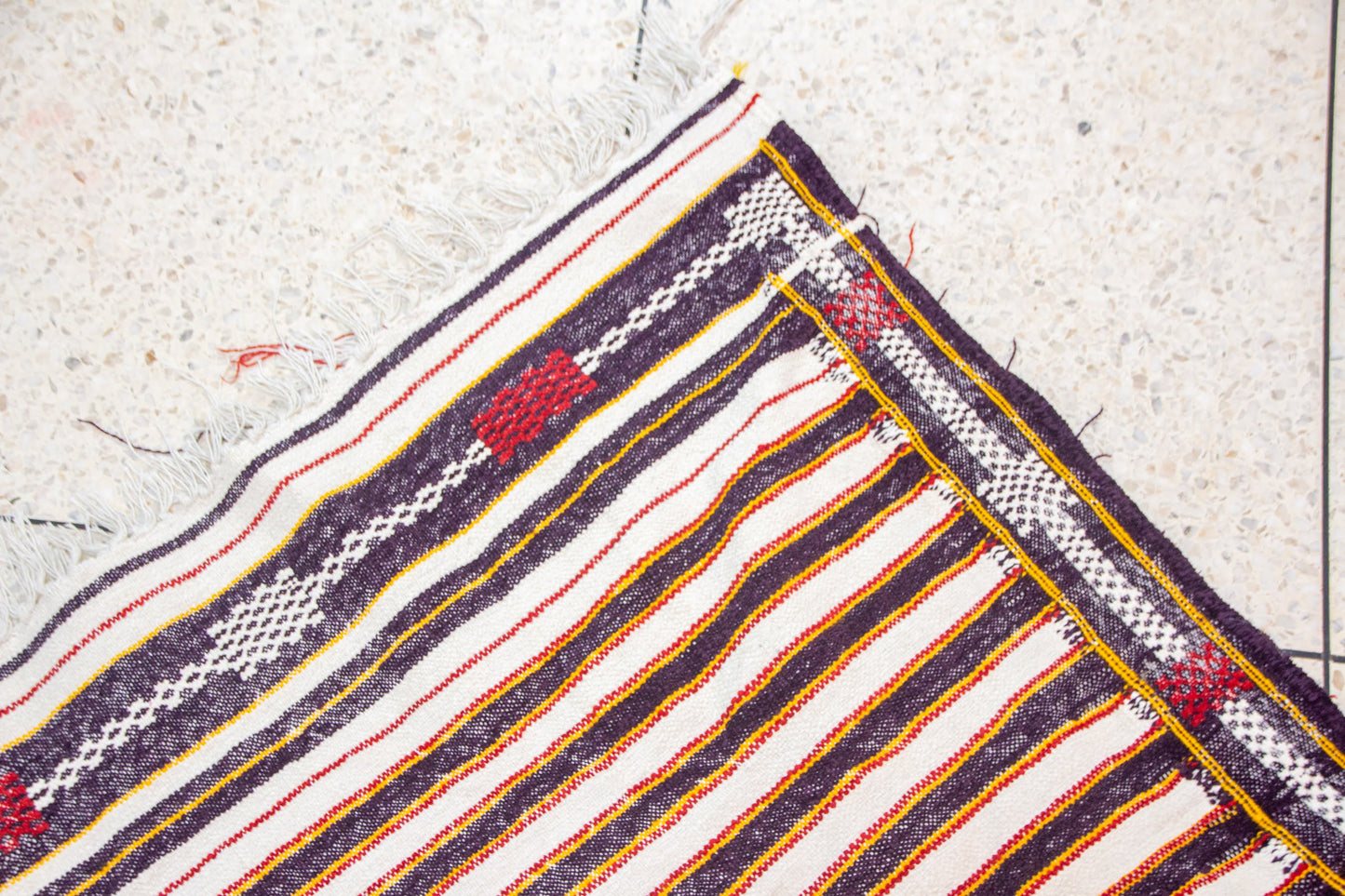 Boujaad Kilim Stripe with Talisman Spine — Ivory & Cocoa Suede Flatweave
