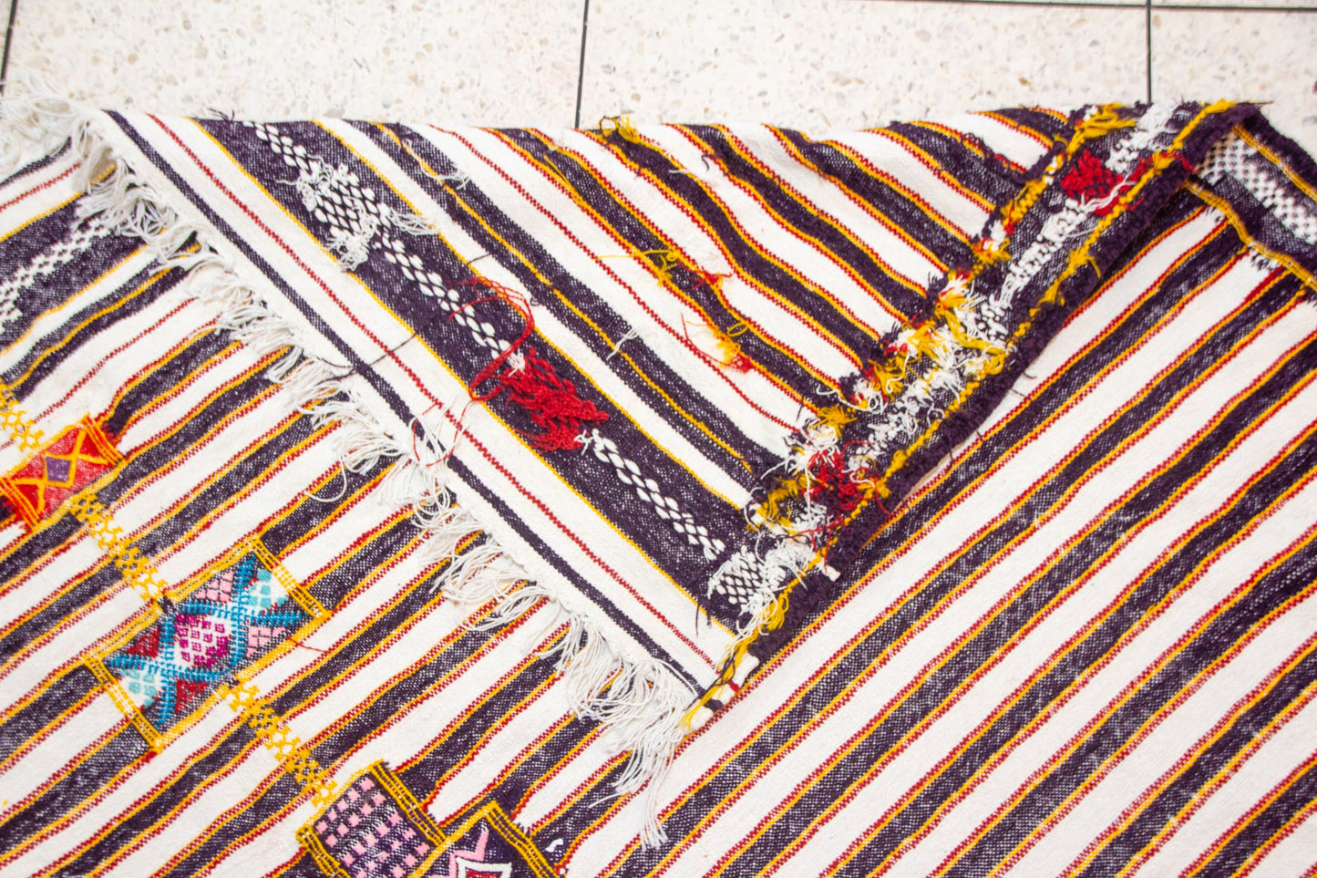 Boujaad Kilim Stripe with Talisman Spine — Ivory & Cocoa Suede Flatweave