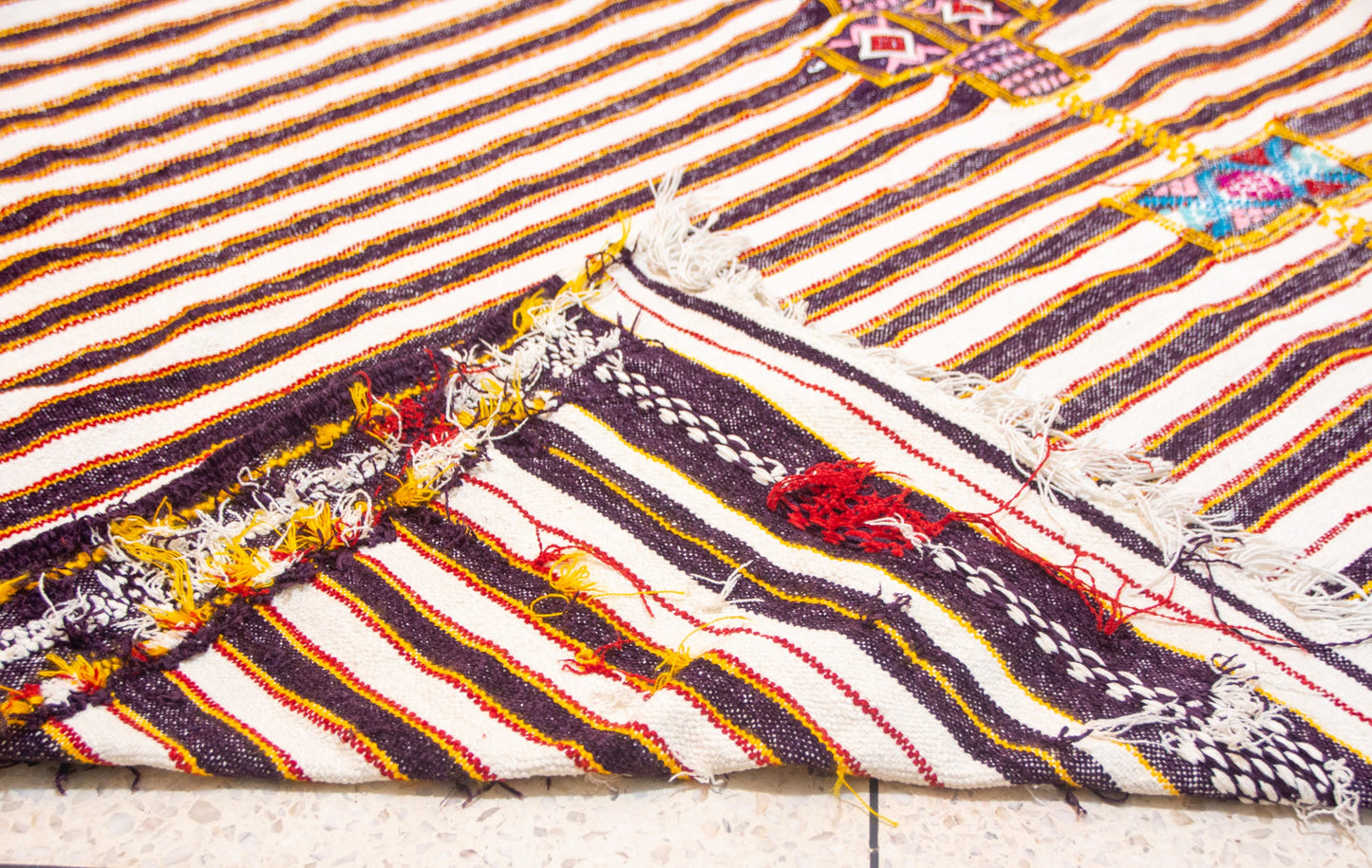 Boujaad Kilim Stripe with Talisman Spine — Ivory & Cocoa Suede Flatweave
