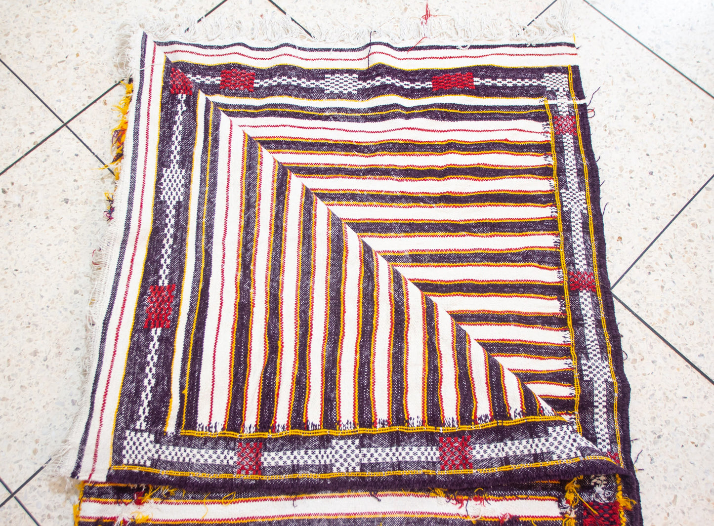 Boujaad Kilim Stripe with Talisman Spine — Ivory & Cocoa Suede Flatweave