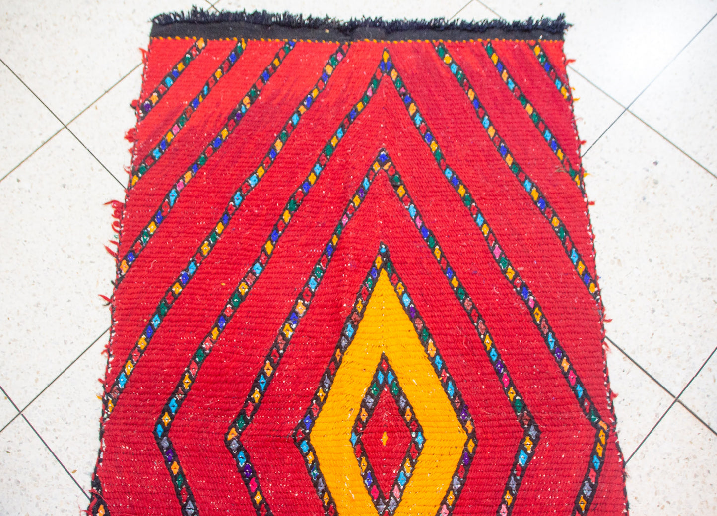Aït Zayane Flame Diamond Henbel — Crimson & Saffron Wool Flatweave