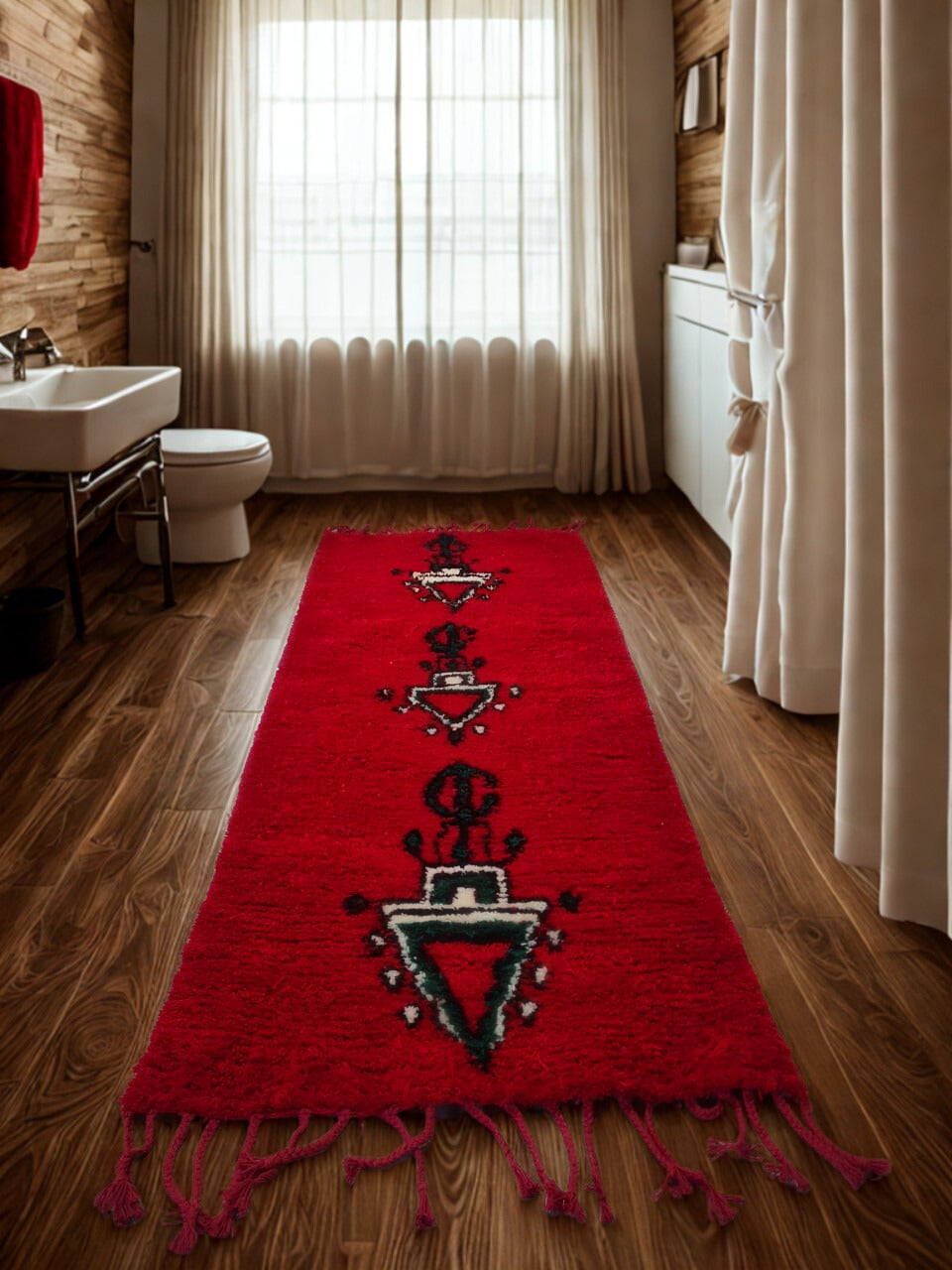 Red patterned rug on a wooden floor in a bathroom with white curtains and fixtures.