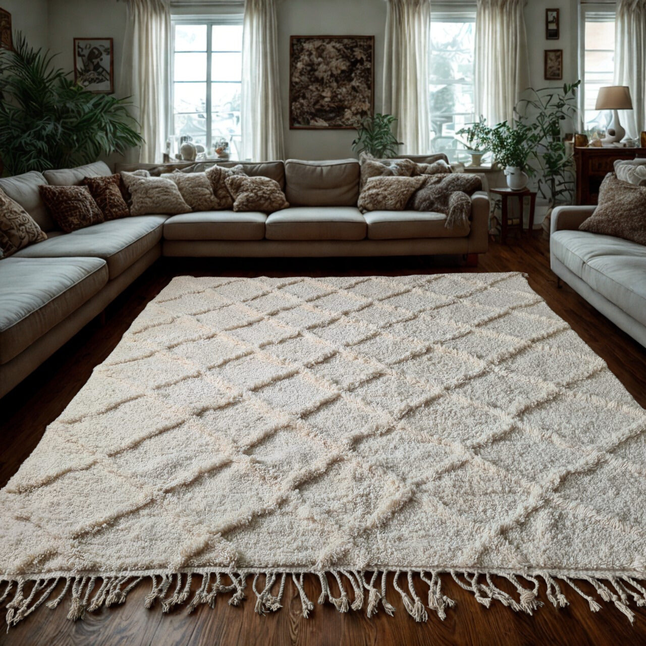 Beni Ourain ivory rug styled in boho living room – Atelier des Atlas custom service.