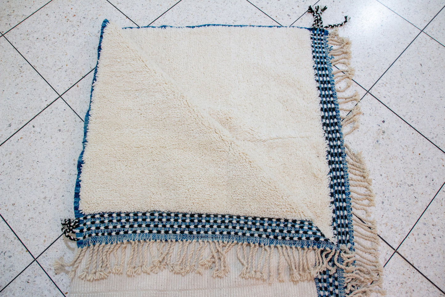 Beni Ourain Pile Rug — Ivory Field with Indigo Check Guard Bands