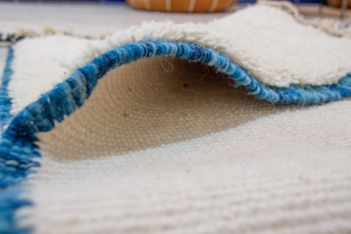 Beni Ourain Pile Rug — Ivory Field with Indigo Check Guard Bands