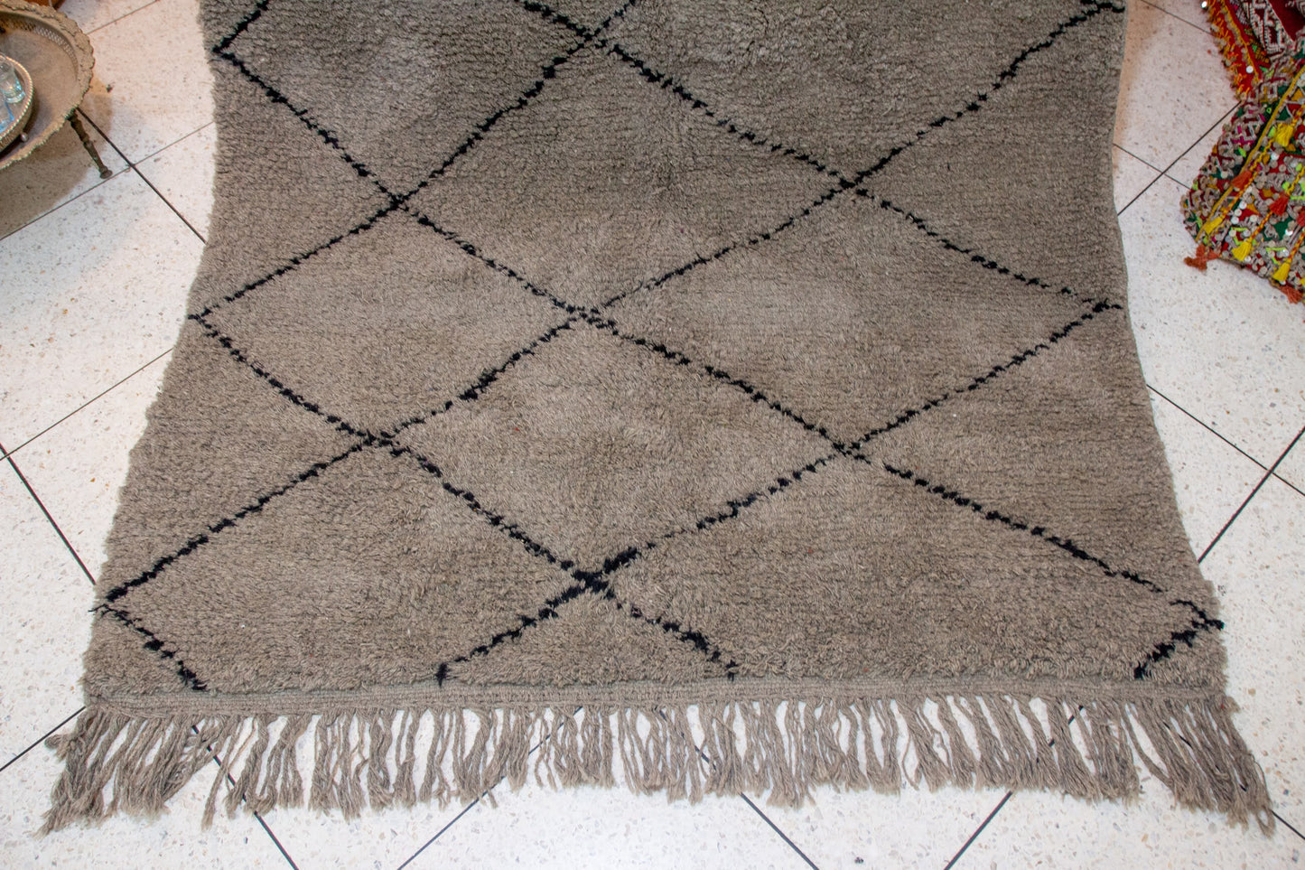 Beni Ourain Pile Rug — Cocoa Field with Charcoal Diamond Lattice