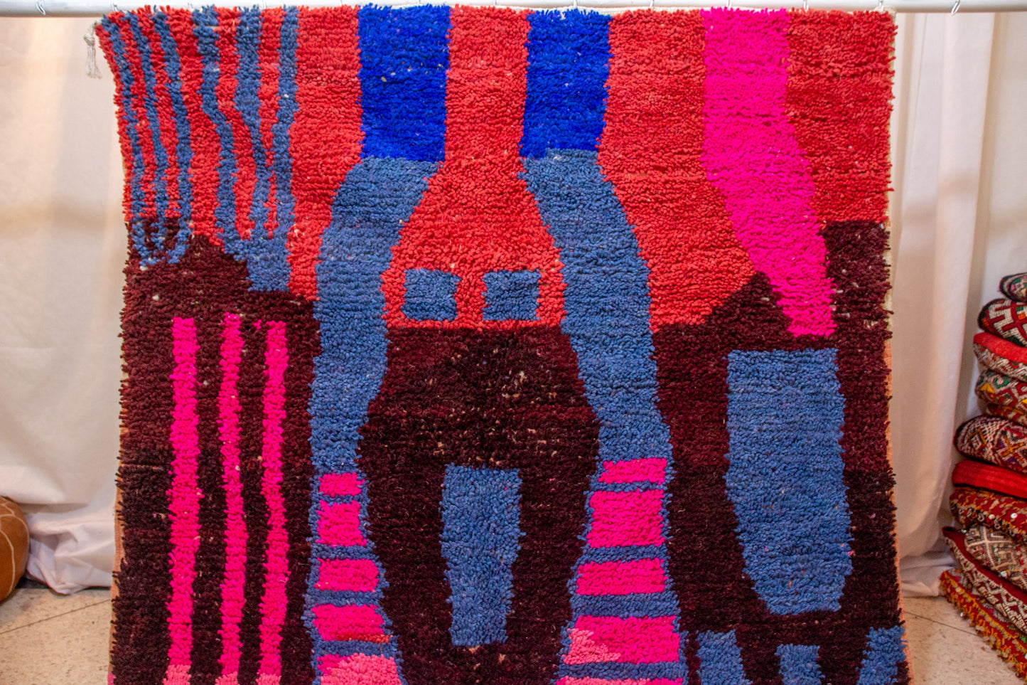 Boujaad Pile Rug — Totemic Abstract in Cobalt, Saffron & Fuchsia