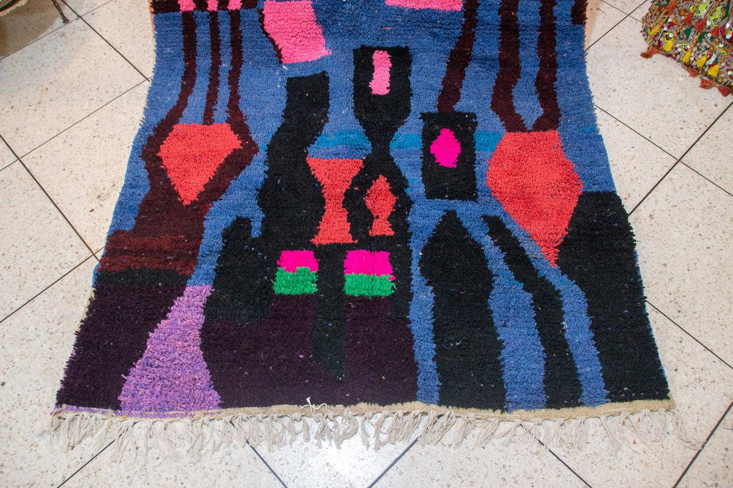 Boujaad Pile Rug — Totemic Abstract in Cobalt, Saffron & Fuchsia