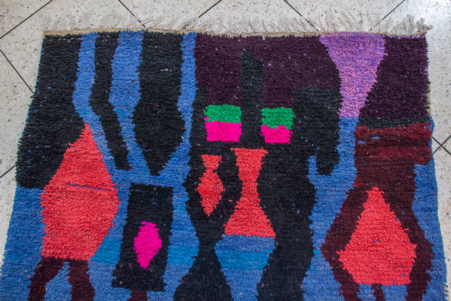 Boujaad Pile Rug — Totemic Abstract in Cobalt, Saffron & Fuchsia