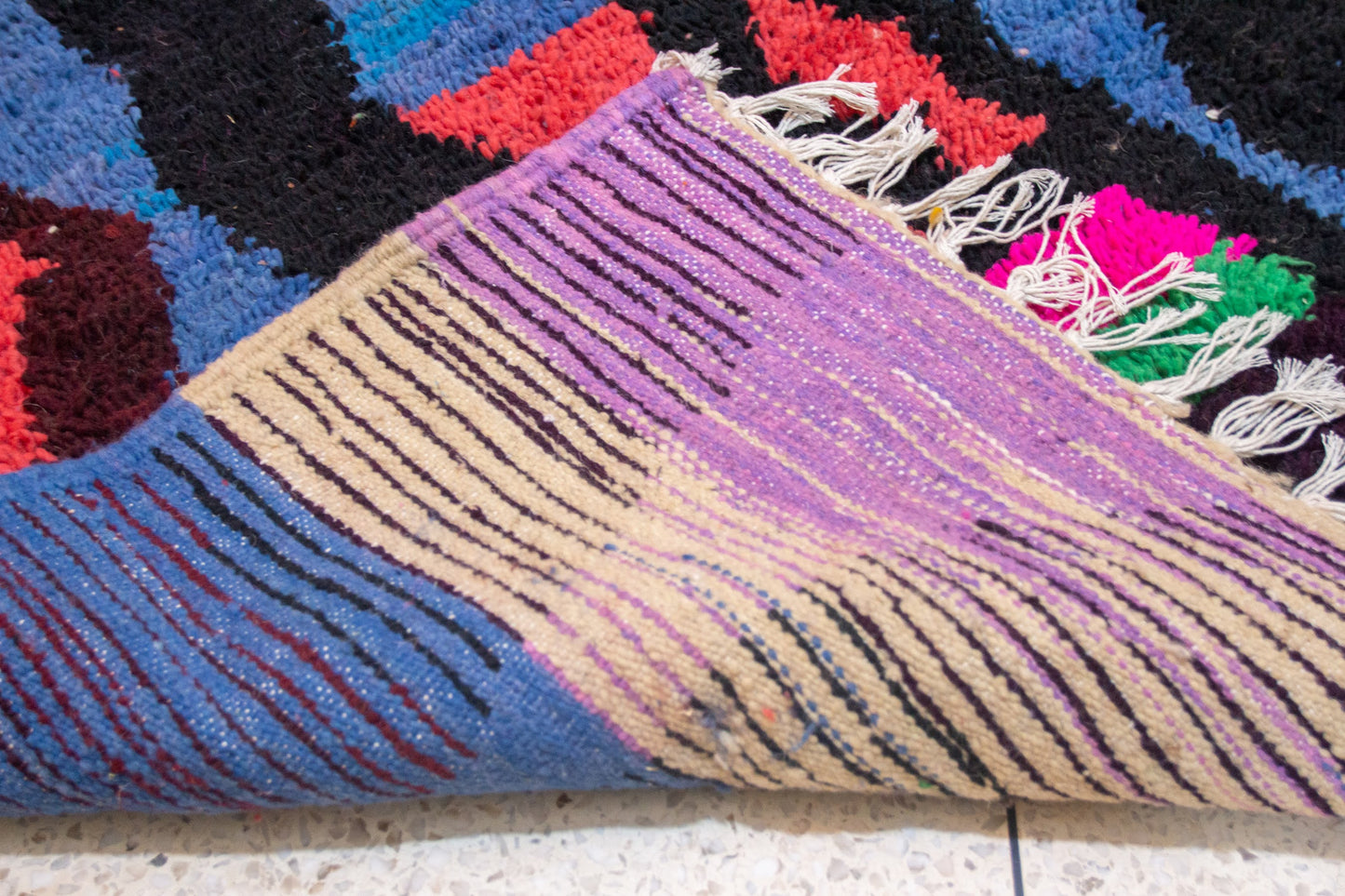 Boujaad Pile Rug — Totemic Abstract in Cobalt, Saffron & Fuchsia