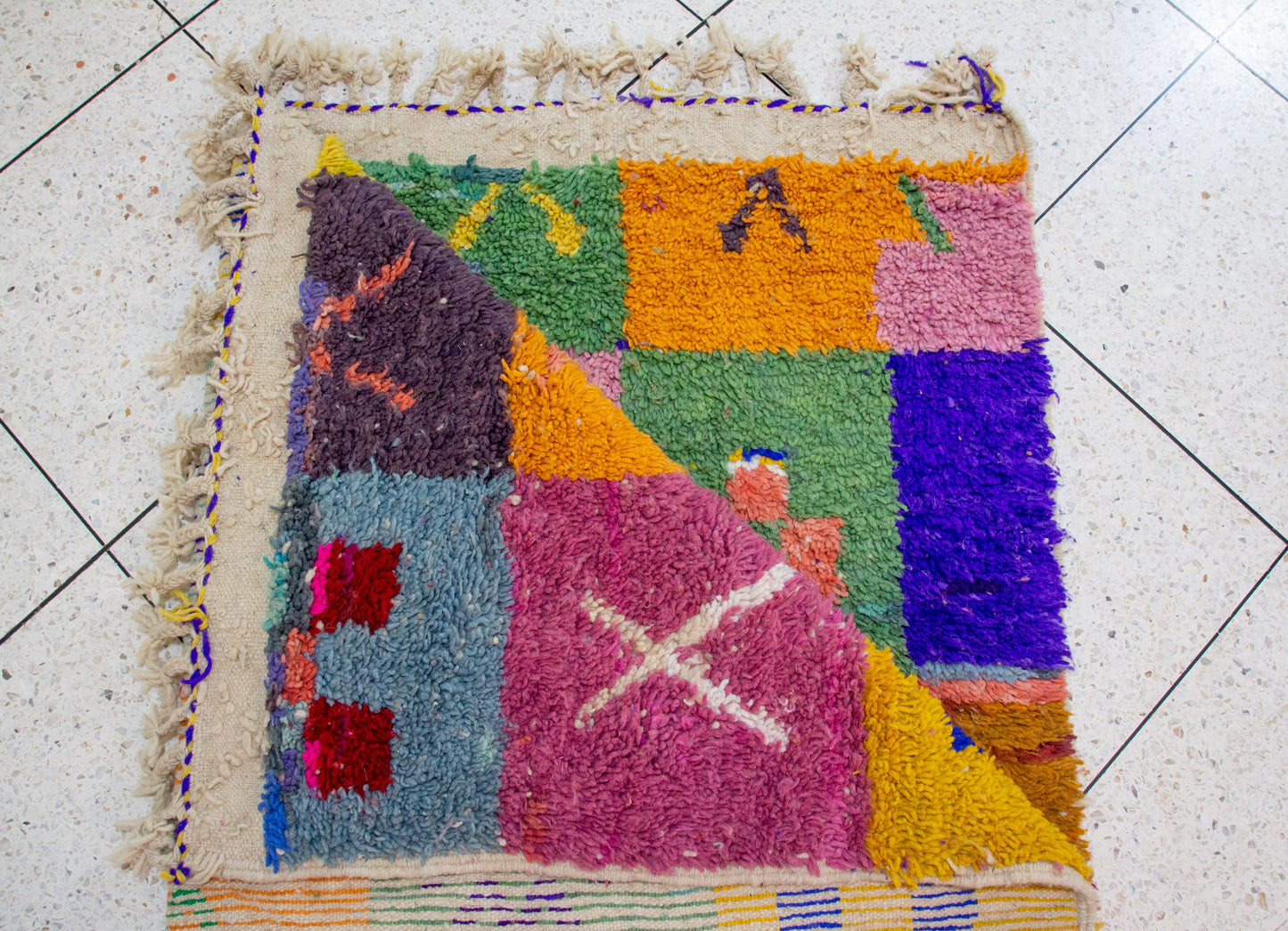 Boujaad Pile Rug — Checkerboard of Amazigh Glyphs in Sun-Washed Tones