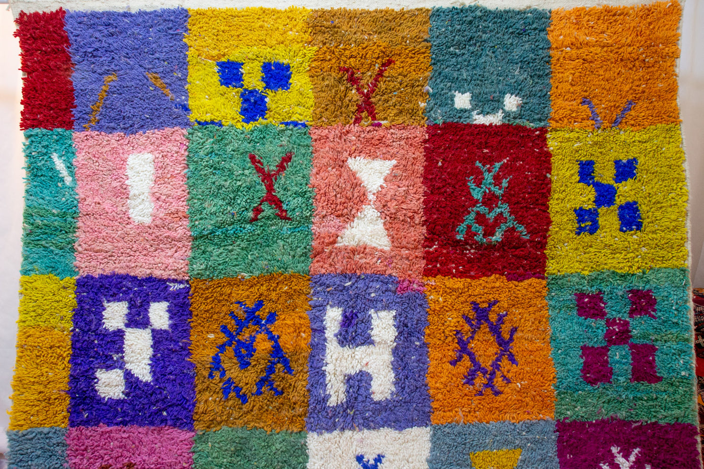 Boujaad Pile Rug — Checkerboard of Amazigh Glyphs in Sun-Washed Tones