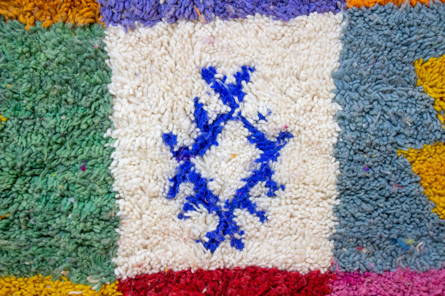 Boujaad Pile Rug — Checkerboard of Amazigh Glyphs in Sun-Washed Tones