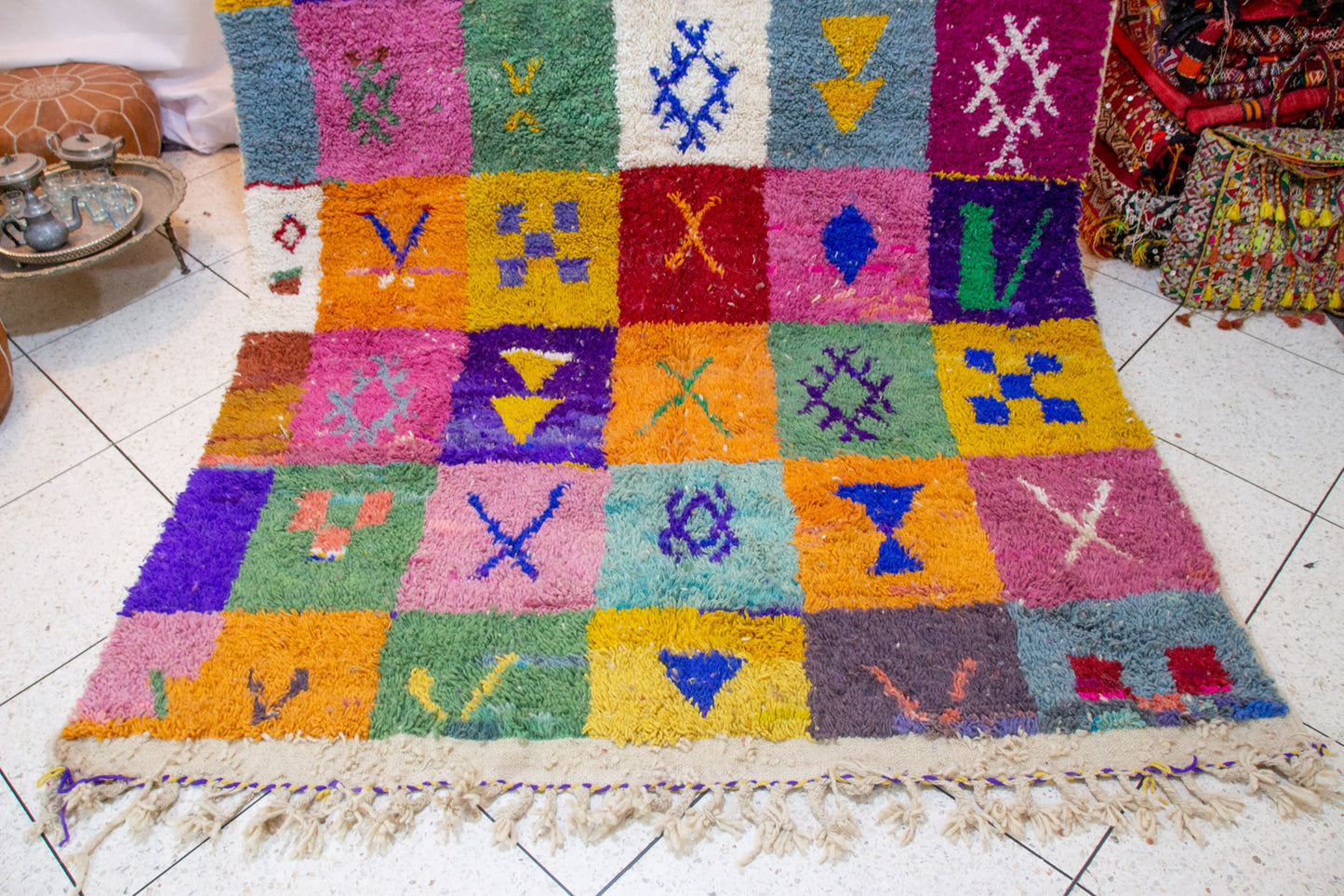 Boujaad Pile Rug — Checkerboard of Amazigh Glyphs in Sun-Washed Tones