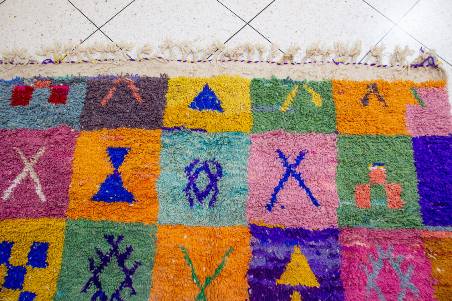 Boujaad Pile Rug — Checkerboard of Amazigh Glyphs in Sun-Washed Tones
