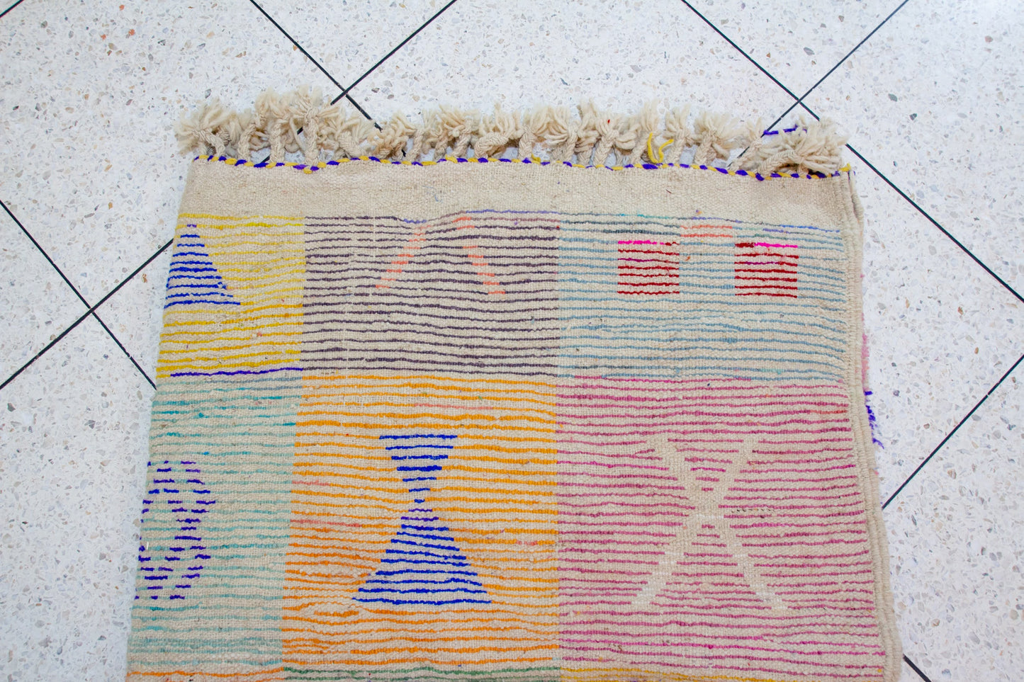 Boujaad Pile Rug — Checkerboard of Amazigh Glyphs in Sun-Washed Tones
