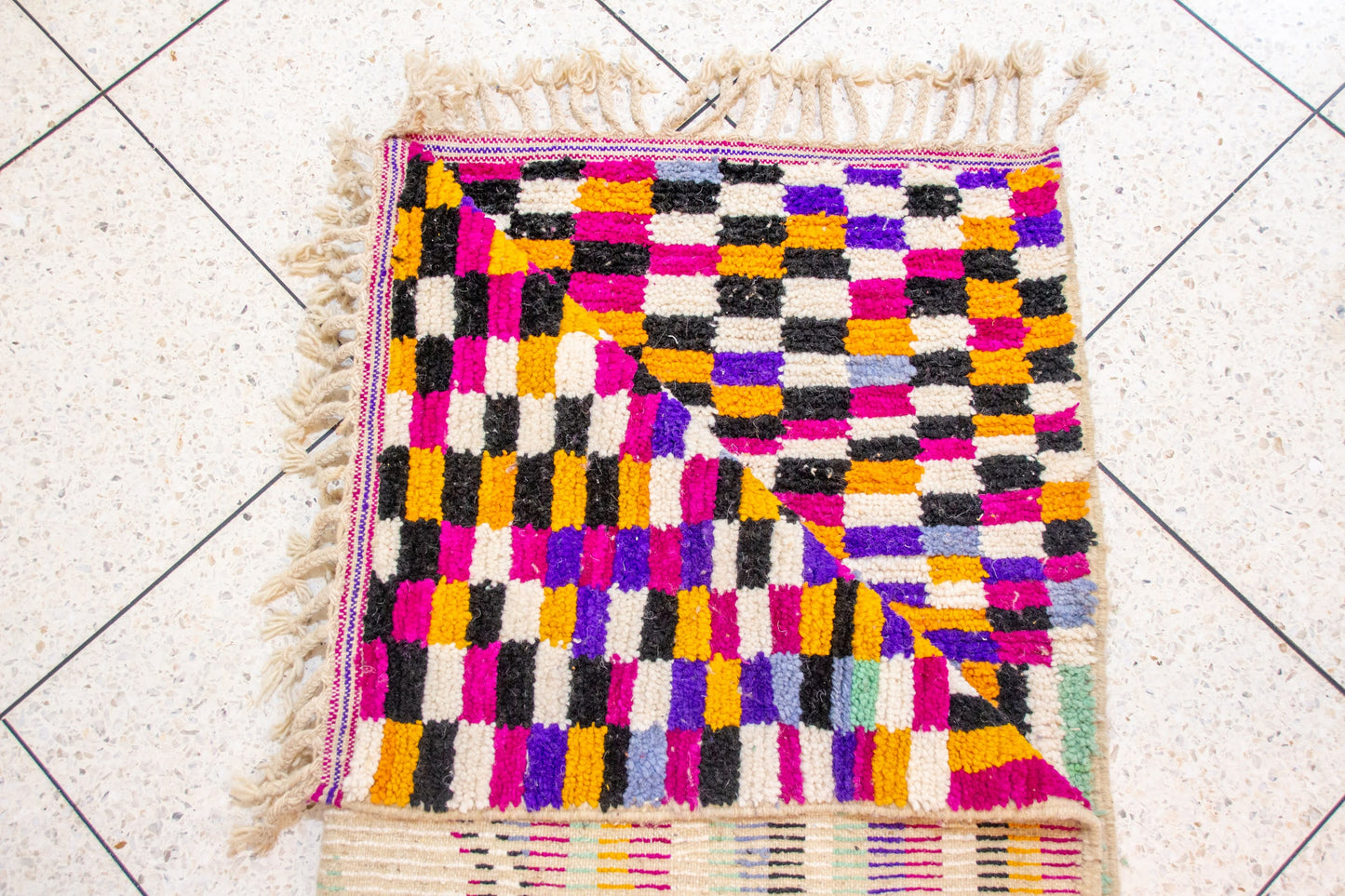 Boujaad Pile Rug — Rippling Stripes with Central Diamond & Checkerboard End
