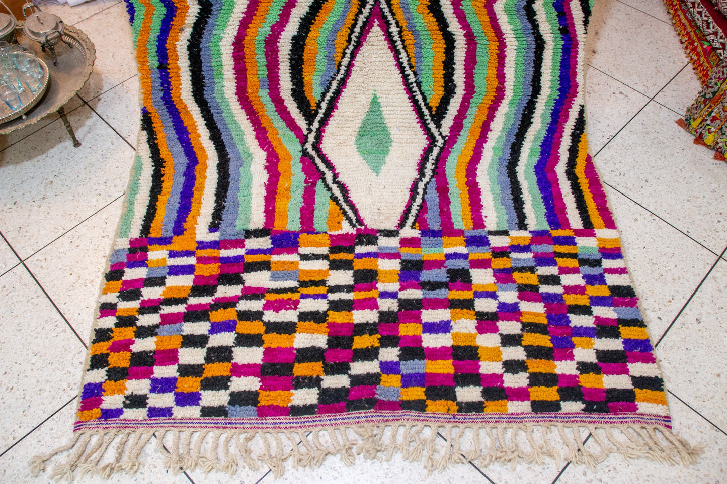 Boujaad Pile Rug — Rippling Stripes with Central Diamond & Checkerboard End