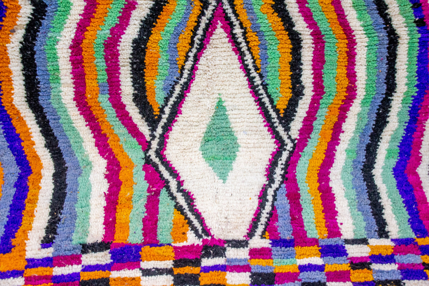 Boujaad Pile Rug — Rippling Stripes with Central Diamond & Checkerboard End