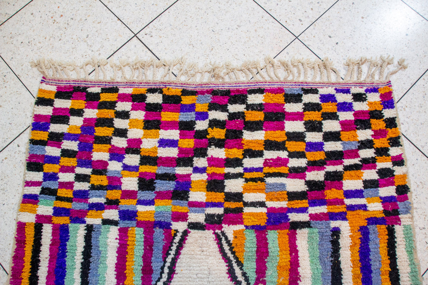 Boujaad Pile Rug — Rippling Stripes with Central Diamond & Checkerboard End