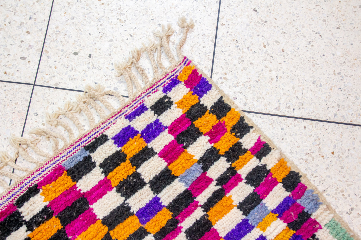 Boujaad Pile Rug — Rippling Stripes with Central Diamond & Checkerboard End