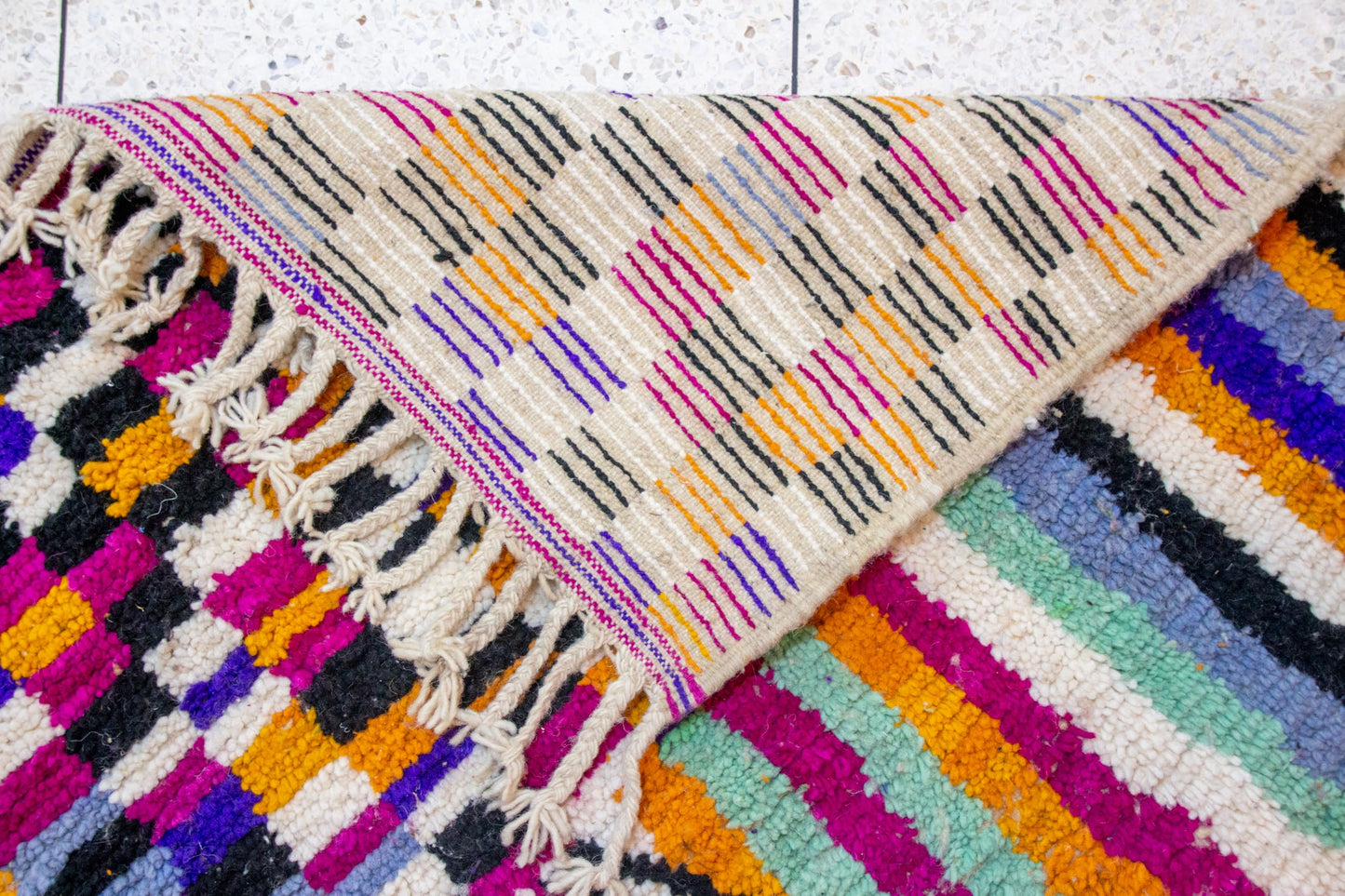 Boujaad Pile Rug — Rippling Stripes with Central Diamond & Checkerboard End